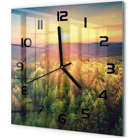 Horloge Murale Carrée en Verre Silencieuse Sans Tic-Tac Salon Cuisine Chambre Coucher du soleil dans la forêt 30x30 cm (1/5)