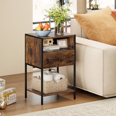 Lot de 2 tables de chevet marron rustique en bois et métal avec station de charge, tiroir et étagère pour chambre et bureau (1/5)