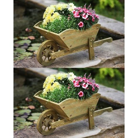 2 x Smart Garden Wooden Wheelbarrow Flower Planter Tan Ornament 5020030