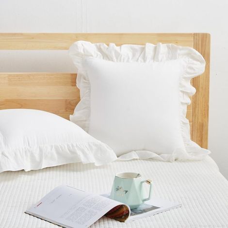 Funda de cojín decorativa: 50 x 50 cm, confeccionada en suave algodón lavado con un estilo vintage y volantes. Juego de 2 fundas de cojín decorativas para sofá, cama o salón. (1/5)