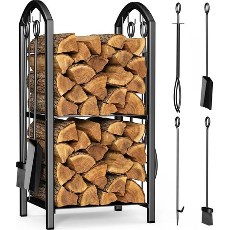 Vounot – Porte-bûches intérieur en acier inoxydable 38x33x75cm – Support bois avec 4 outils – Patins anti-dérapants – Double étagère noir