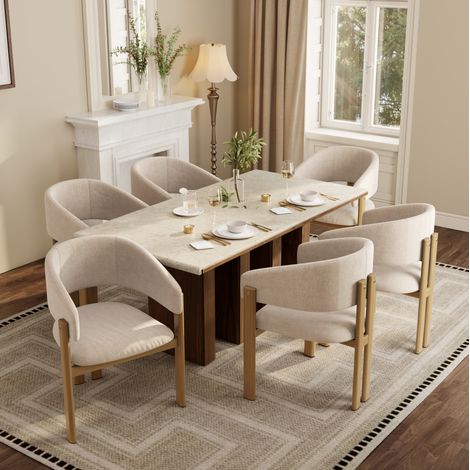 Set di 6 sedie da pranzo in metallo effetto legno, tessuto lino beige, 61,5 x 52,5 x 83 cm HAVRYA (1/5)
