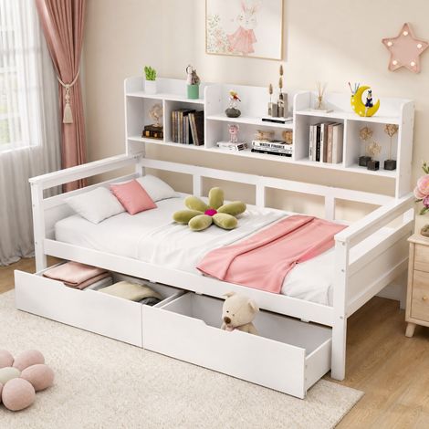 DESMIU Lit banquette 90 × 200 cm 1 place avec 2 tiroirs et étagères, sans matelas, en bois, blanc (1/5)