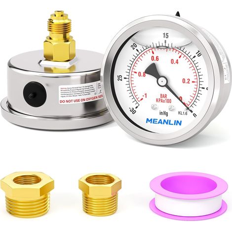 -10BAR/-300in Manomètre à vide à huile en acier inoxydable 1/8"BSP 2.5" WOG Water Oil Air Montage arrière, avec douille hexagonale 1/4" BSP et 3/8" BSP (1/5)