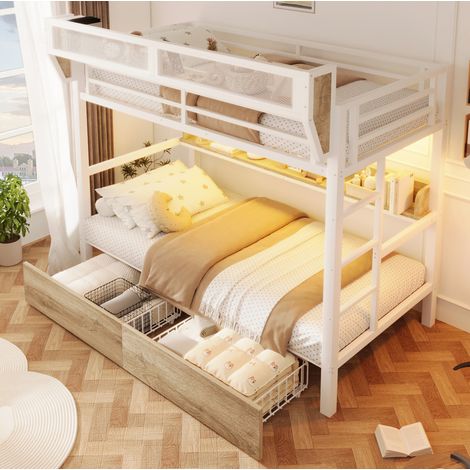 Etagenbett modern 90x200 cm aus Metall und MDF in Weiß mit Regal, 2 Schubladen, Aufbewahrungskorb und LED (1/5)