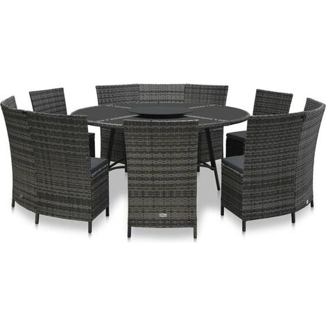 Ensemble de salle à manger d'extérieur 7 pièces comprenant une table et des chaises, avec coussins, en rotin gris. (1/5)