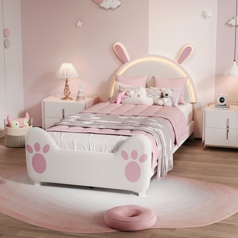 Letto singolo 90x200 cm design coniglio con luce notturna LED e adesivi fai da te - con rete a doghe - Tessuto velluto - Rosa