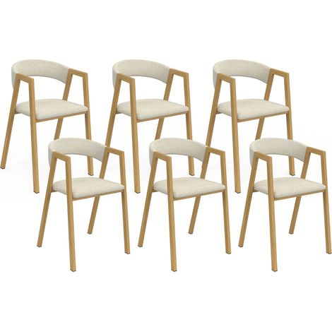 Lot de 6 chaises CAMILLE en métal effet bois et tissu beige avec accoudoirs (1/5)