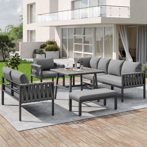 Ensemble jardin en corde canapé d’angle cadre fer galvanisé pieds réglables. Table verre trempé avec coussins complets,gris.