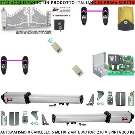 Cancello Automatico Battente 5 Metri 2 Ante da 2,5 MT Kit 2 Motori Elettromeccanici 230 V Corsa 400 mm Spinta 2 Q.li Sblocco Centrale e Radio 2 Radiocomandi Faro 2 Coppie Fotocellule Cartello Monitore (1/5)