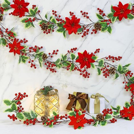 Guirlande Noel Guirlande Sapin Noel Artificiel, Couronne Sapin Vert Arbre avec Pommes de Pin Fleurs Rouges pour Chambre Porte Mur Fenêtre Escalier Cheminée (1/5)