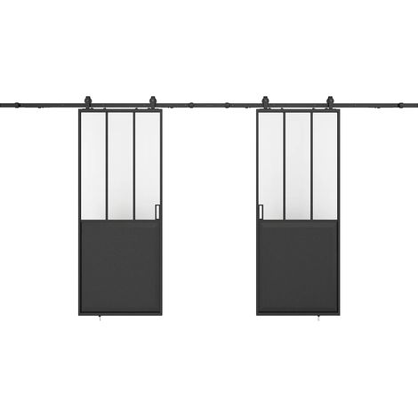 Vente-Unique – Porte coulissante double atelier en aluminium – Verre trempé noir 4mm – Dimensions 2 x H205 x L93 cm – Système en applique (1/5)