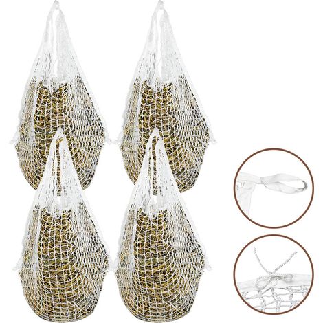 SWANEW Rete da Fieno Maglia Bianca Borsa da Fieno a Forma di Fieno per Tutta la Giornata Grande Borsa per Mangime con Piccoli Fori per Cavalli 4 pezzo 120 x 90 cm