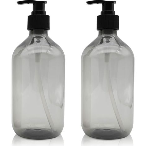Distributeur de savon 500 ml, lot de 2, flacons pompe vides en plastique, rechargeables pour huiles essentielles et lotions (gris) (1/5)