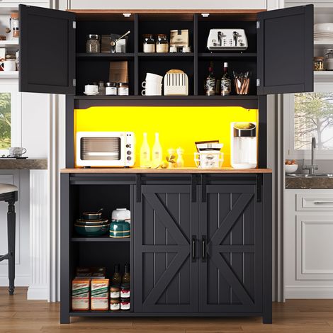 Meuble de rangement cuisine 115x40x174,7 cm, buffet haut blanc et noir, armoire avec portes coulissantes et spot LED intégré (1/5)
