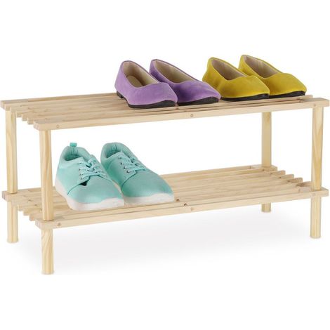 1 étagère à chaussures, 2 niveaux, bois de pin, compacte, entrée, couloir, 4 paires (1/5)