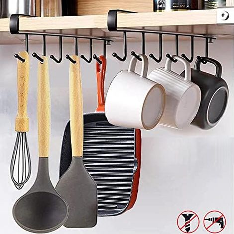 2pcs Mug Cups Glasses Storage Hooks Kitchen Utensils Ties Belts and Scarf Hang Rack Holder Under Cabinet Hook Without Drilling (Black) (1/5)