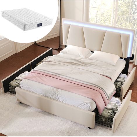Letto adulti 160x200 cm con testiera regolabile, LED e 4 cassetti in legno, beige, materasso incluso (1/5)