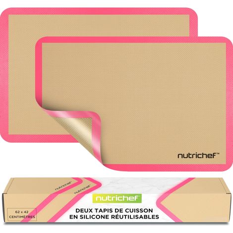 Tapis Cuisson Silicone Grand Format 62 x 42 cm Lot de 2 – Tapis Four Antiadhésif Réutilisable, Résistant Jusqu'à 250 °C, Compatible Congélateur et Lave-Vaisselle, Rose (1/5)