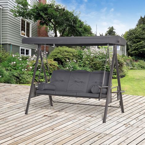 Dondolo da Giardino 3 Posti con Tetto Regolabile, Portabicchieri e Cuscini, 208x120x172 cm, Grigio
