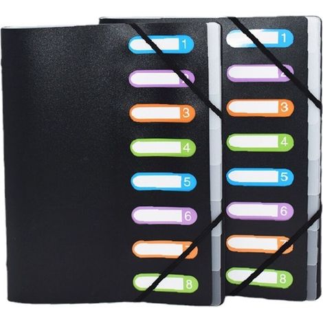 Organizzatore per documenti a 2 scomparti Opak nero - 3 alette - con elastici e finestrelle ritagliate - Copertina e interno in PP - 8 scomparti -Crezuo