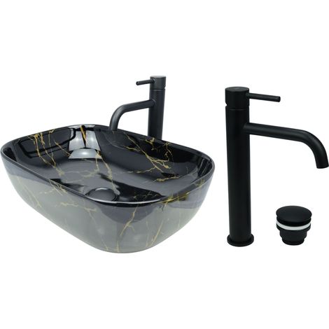 GTM Design Aufsatzwaschbecken 46 cm Glanz Set mit Waschtischbatterie und Stopfen - Aufsatzwaschbecken Oval für Badezimmer - Modernes Waschbecken ohne Hahnloch - Waschbecken mit Armature (1/5)