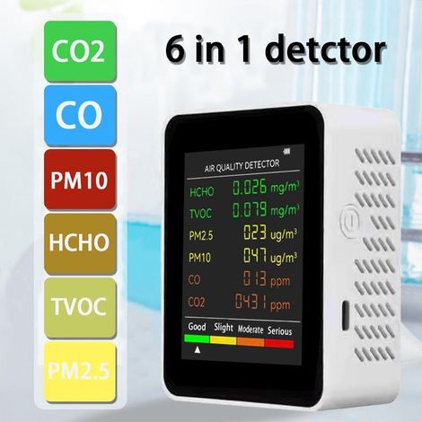 Appareil de mesure de la qualité de l'air 6 en 1 – Mesure les PM2.5, PM10, CO₂, CO, formaldéhyde (HCHO) et COVT – Grand écran LCD, portable pour la maison et le bureau (1/5)