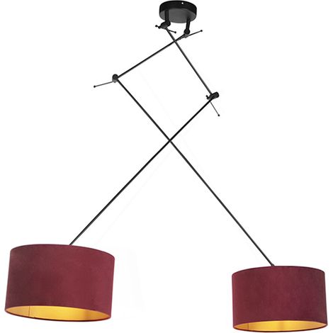 QAZQA Clásico/Antiguo Lámpara colgante negra con pantallas de terciopelo rojo y dorado 35 cm 2-luces - Blitz Textil /Acero Cilíndra /Alargada /Redonda Adecuado para LED Max. 2 x 60 Watt