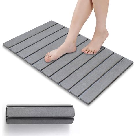 Tapis de Bain diatomite, Tapis de Bain antidérapant Pliable en Terre de diatomée Naturelle, séchage Rapide, Haute Absorption d'eau, Tapis de Sol pour Salle de Bains (Gris Clair) (1/5)