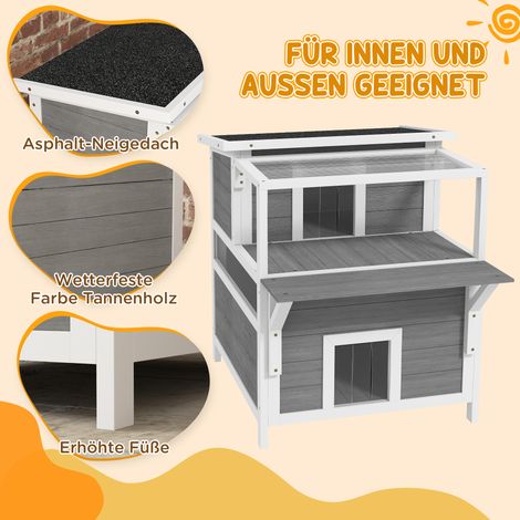 Maison pour chat 2 étages avec balcon, abri résistant aux intempéries, protection pluie et soleil, intérieur et extérieur, gris clair (1/5)