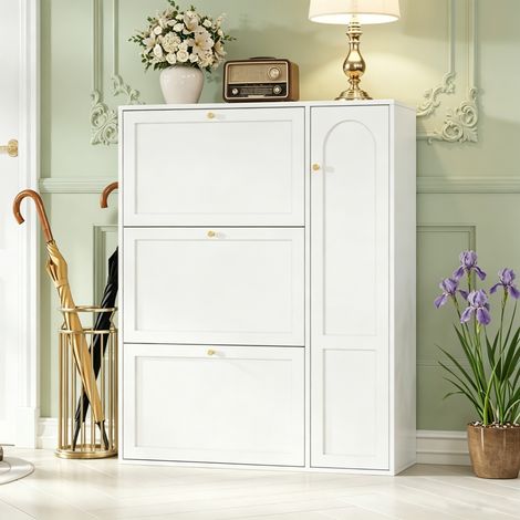 Meuble à Chaussures - avec 3 Abattants et 1 Porte - Capacité 15 Paires - Scandinave Moderne - Entrée et Salon - Blanc (1/5)