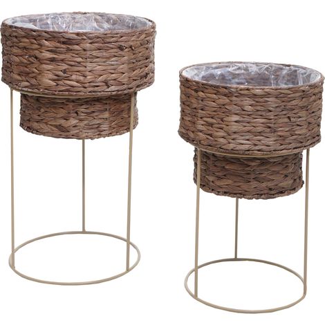[NON UTILIZZATO] Set di 2 vasi per piante HHG-904, fioriera, vaso da fiori, in metallo con motivo a giacinto d'acqua, marrone scuro, struttura beige (1/5)