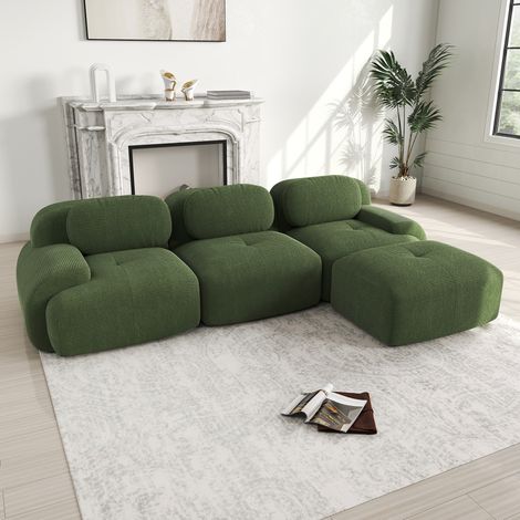 Sofá rinconero modular sin montaje en terciopelo de canalé verde, 298 x 178 x 70 cm DESVIAE (1/5)