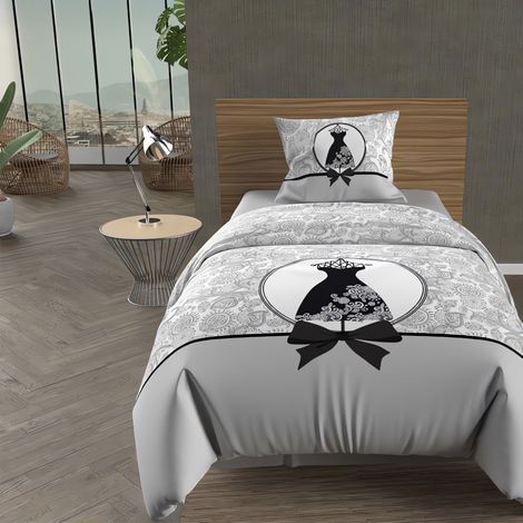 Parure housse de couette coton 57 fils 140X200 cm BLACK DRESS, par Soleil d'Ocre