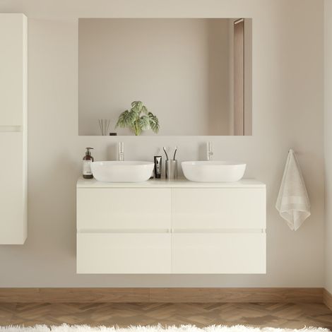 Meuble de salle de bain 120cm avec plateau et 2 vasques à poser arrondies - 4 tiroirs - blanc brillant - IDA (1/5)