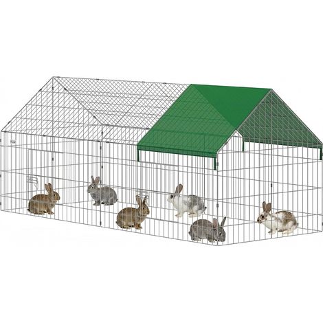 Parc Enclos Cage Lapin Extérieur, Structure Acier avec 2 Portes Verrouillables et Protection Pare-Soleil Toit Incliné, pour Lapins Poulets Canards Petits Animaux, 180x75x75 cm, Vert (1/5)