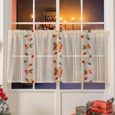 Rideau De Fenêtre En Dentelle - Motif Clochette De Noël - 140 X 60 Cm - Blanc - Polyester - Décoration Festive (1/5)