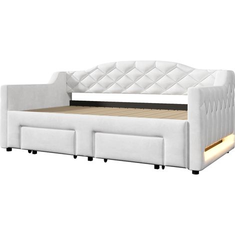 Gepolstertes Tagesbett weiß 90x200 bis 180x200 cm mit 2 Schubladen und LED (1/5)