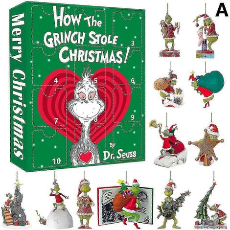 Calendrier de l'Avent de Noël, boîte surprise Grinch, sapin de Noël, pendentif monstre vert, décorations acryliques, boîte surprise de Noël (1/5)