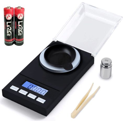 Balance de Precision Milligrammes 50 x 0.001g Mini Balance de Bijoux Professionnelle, Balance de Cuisine avec étui, Pince à épiler, Plateau de Pesée, Format de Poche, Batterie Incluse