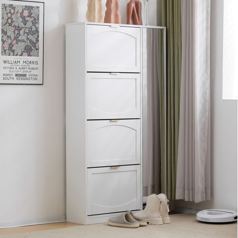 Mobile portascarpe con specchio, 4 ribalte, ripiano regolabile, bianco 80 x 24 x 147 cm DESVIAE (1/5)