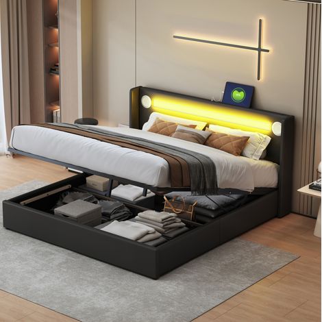 Cama Baúl 160x200 Cm Estructura Almacenaje Tapizada PU Negro (1/5)