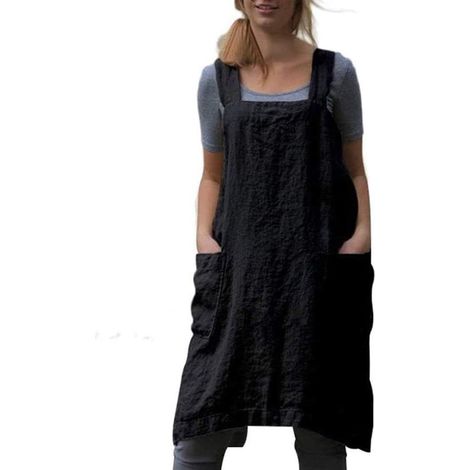 Tablier en lin et coton Tablier à dos croiséNoir,Lpour les femmes avec des poches Robe chasuble pour la cuisson au four (1/5)