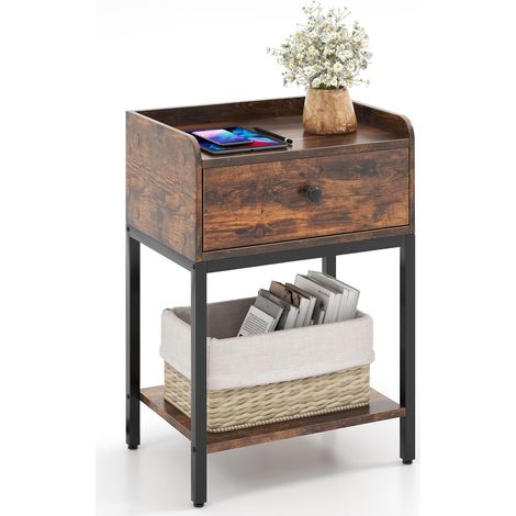 COSTWAY Nachttisch mit Schublade, Beistelltisch mit offener Ablage, Sofatisch mit verstellbaren Fußpolstern, Nachtschrank Boxspringbett für Schlafzimmer, Wohnzimmer, rustikales Braun, 42 x 30 x 60 cm (1/5)