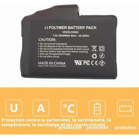 Batterie lithium polymère rechargeable 7,4 V 2 200 mAh pour gants, chaussettes et bonnets chauffants, certifiée UL et FCC, noire (1/3)