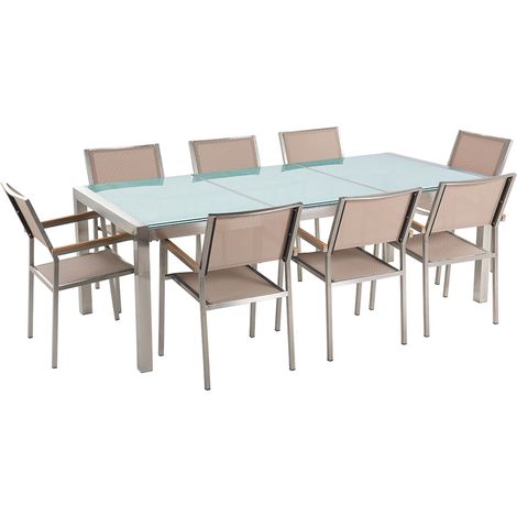 Table de Jardin et 8 Chaises 220 x 100 cm Verre Effet Brisé et Textile Beige Grosseto