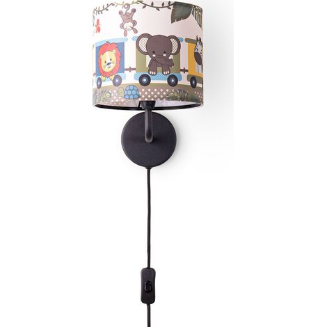 Paco Home Tischlampe Kinderzimmer Nachtisch Lampe Stoffschirm Wandleuchte RundTiere Wandleuchte - Schwarz, Design 2 (Ø18 cm)