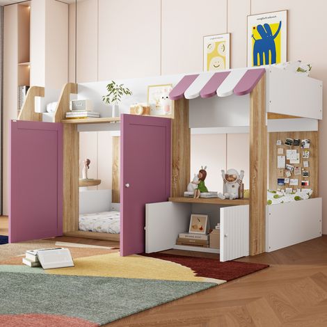 MODFU Lit enfant 90x200cm en bois, Lit mezzanine -avec 1 meuble de rangement, 2 portes, matelas non inclus, blanc + rose (1/5)