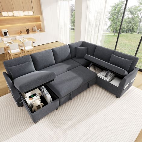 Canapé d’angle convertible L/U avec angle réversible, canapé-lit avec coffres sous méridienne et 2 places, USB/Type-C, poche latérale, effet lin, gris (1/5)