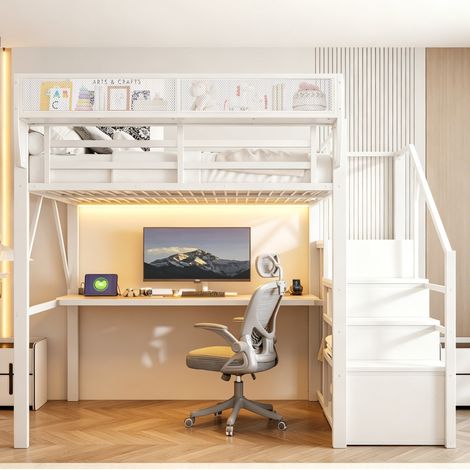 Lit mezzanine 140x200 métal blanc avec bureau HAVRYA (1/5)